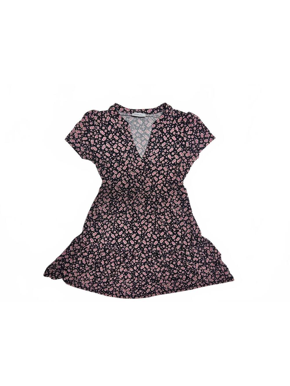 Gilli Black Pink Floral Short Sleeve Tiered Mini Dress Size Small S